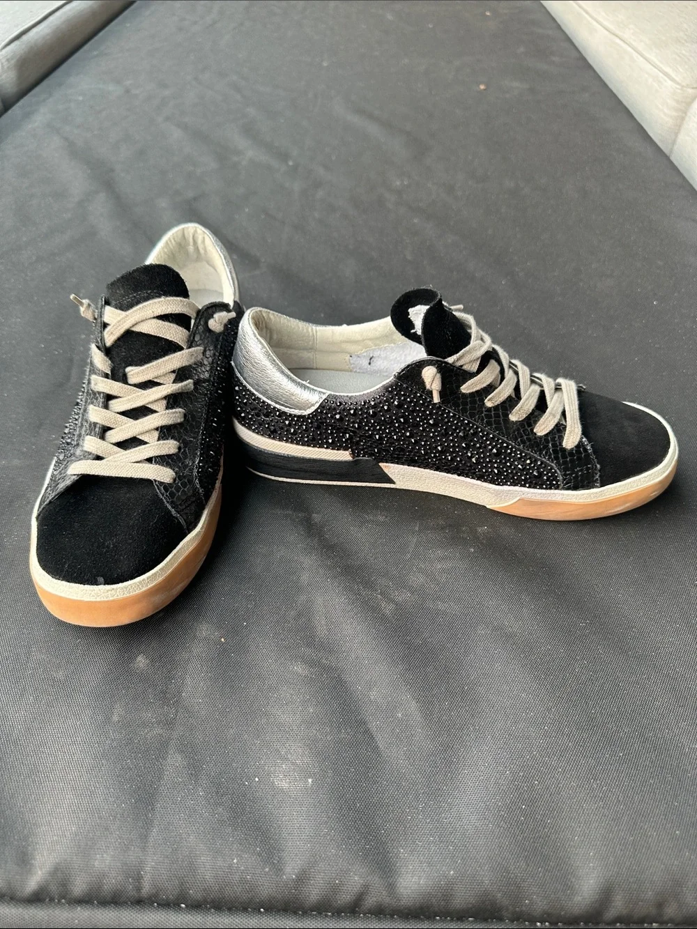 Dolce Vita Black Suede Rhinestone Trim Low-Top Sneakers